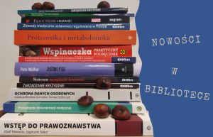 Obrazek przedstawia stos książek i napis po prawej stronie "nowości w naszej bibliotece".