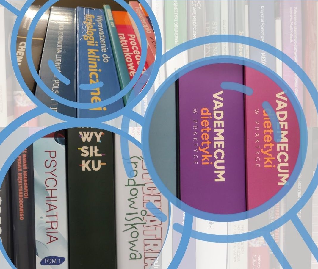 Napis: nowości w bibliotece. Ilustracja: grzbiety książek